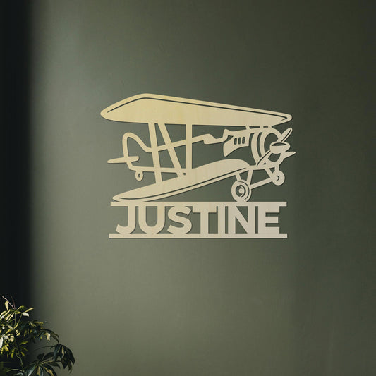 Plaque de Porte Bois "Avion Biplan" Prénom Personnalisé