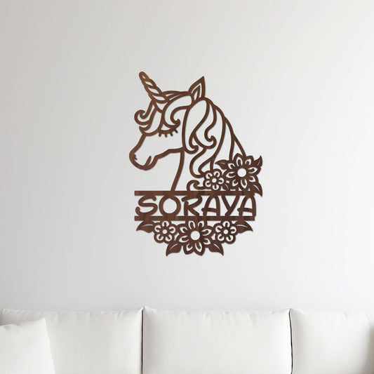 Plaque de Porte Bois "Ma Licorne veille" Prénom Personnalisé