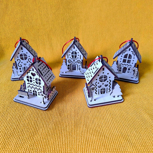 Lot 5 Boules de Noël en Bois Thème "Maisons"