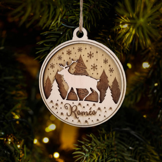 Boule de Noël en Bois "Cerf" avec Prénom Personnalisé