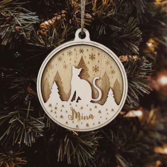 Boule de Noël en Bois "Chat" avec Prénom Personnalisé
