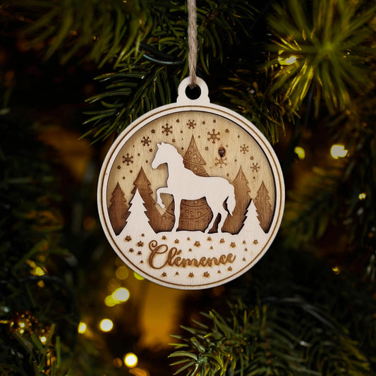 Boule de Noël en Bois "Cheval" avec Prénom Personnalisé