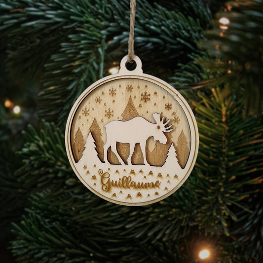 Boule de Noël en Bois "Élan" avec Prénom Personnalisé