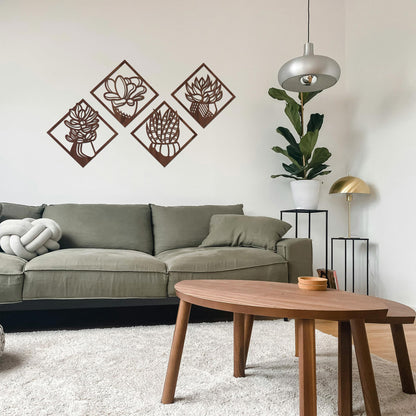 Tableau Bois "Carrés de Plantes Grasses" 4 Parties