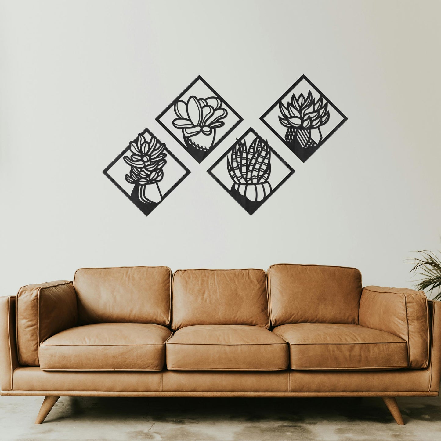 Tableau Bois "Carrés de Plantes Grasses" 4 Parties
